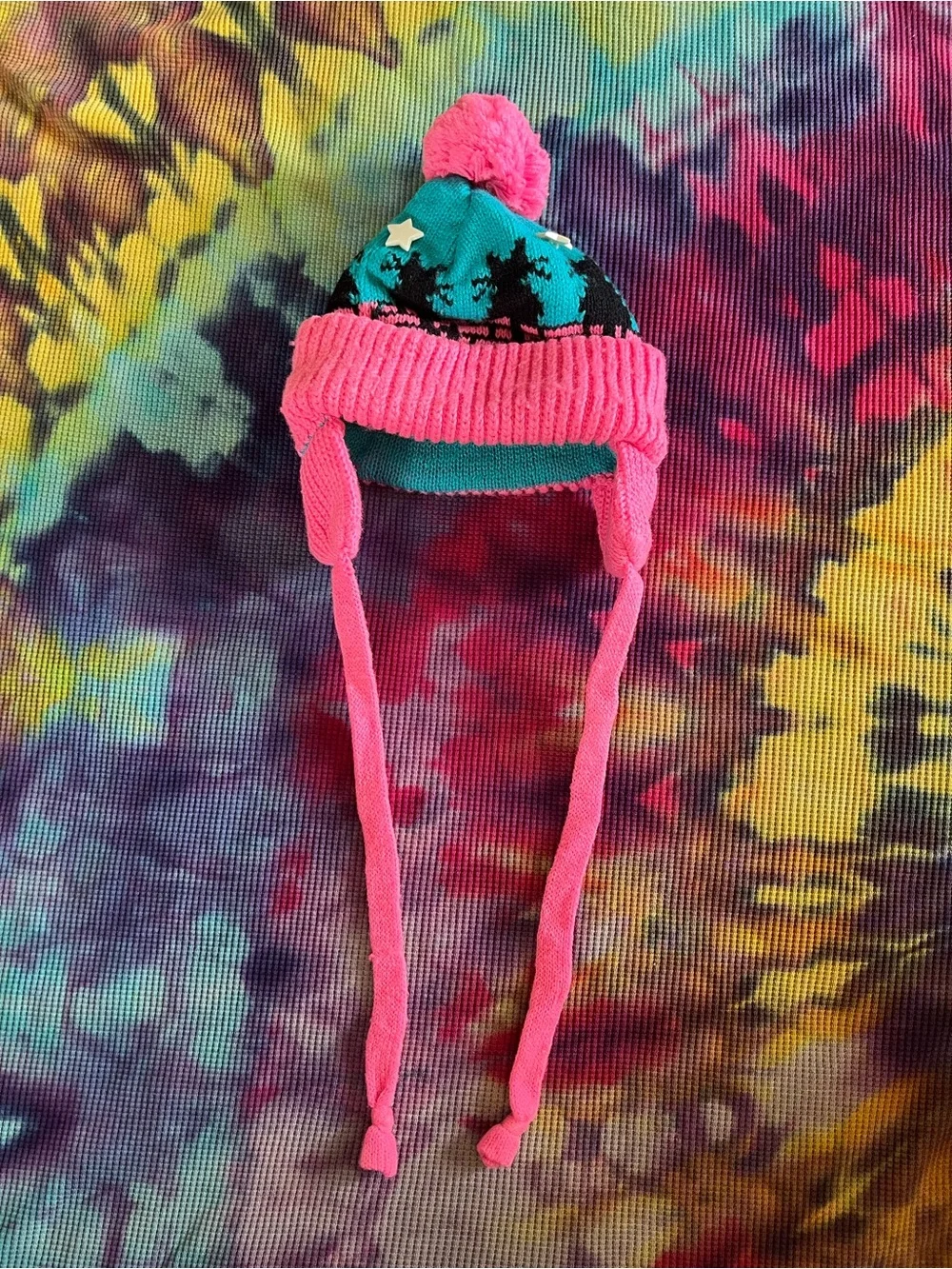 🐱⭐️Vintage 90s Cats & Stars Bright Pink & Teal Knit Toddler Beanie Hat